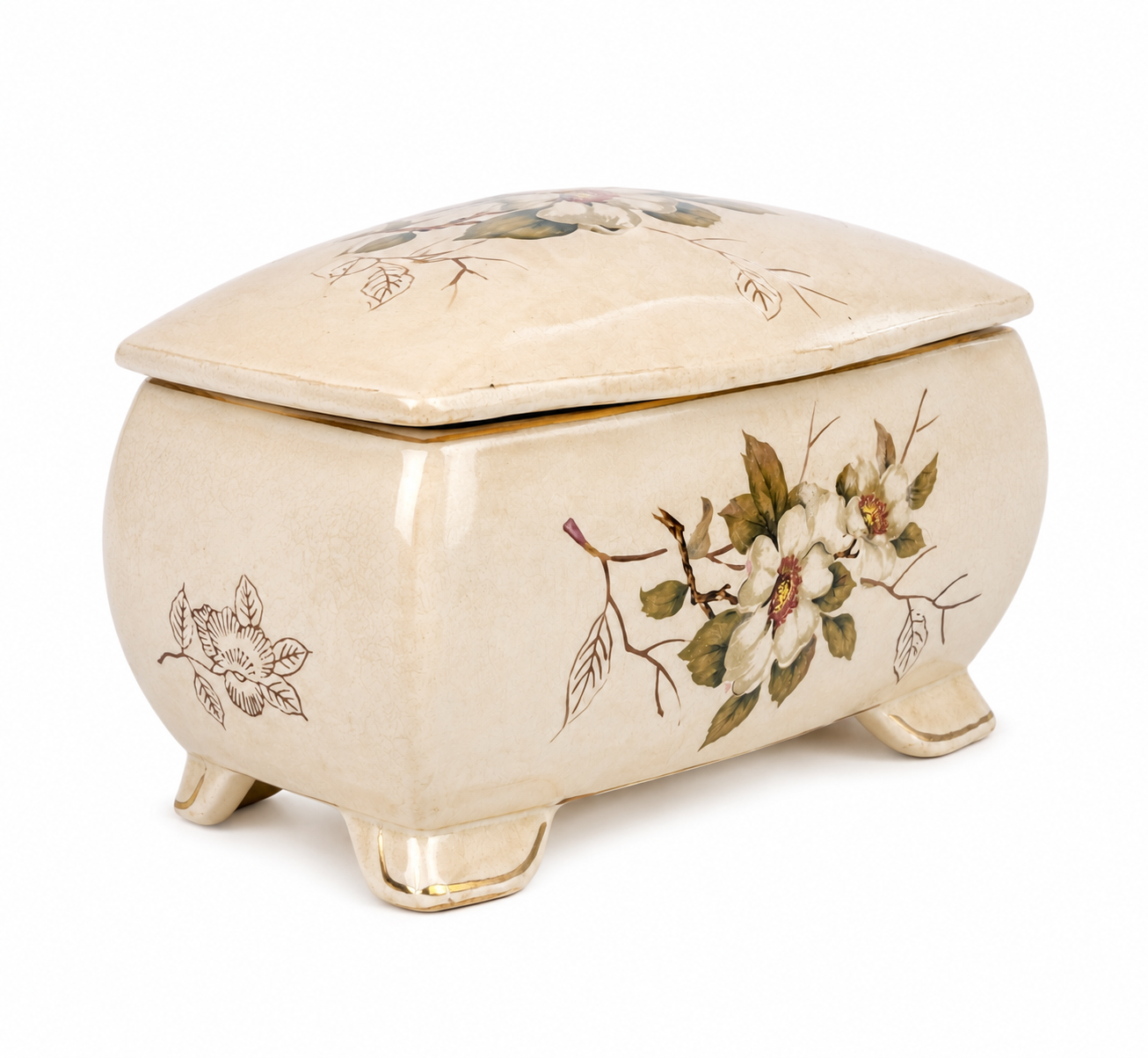 Elegant Cream Ceramic Jewelry Box with Floral Design | Vintage Home Decor Storage Box image 2
