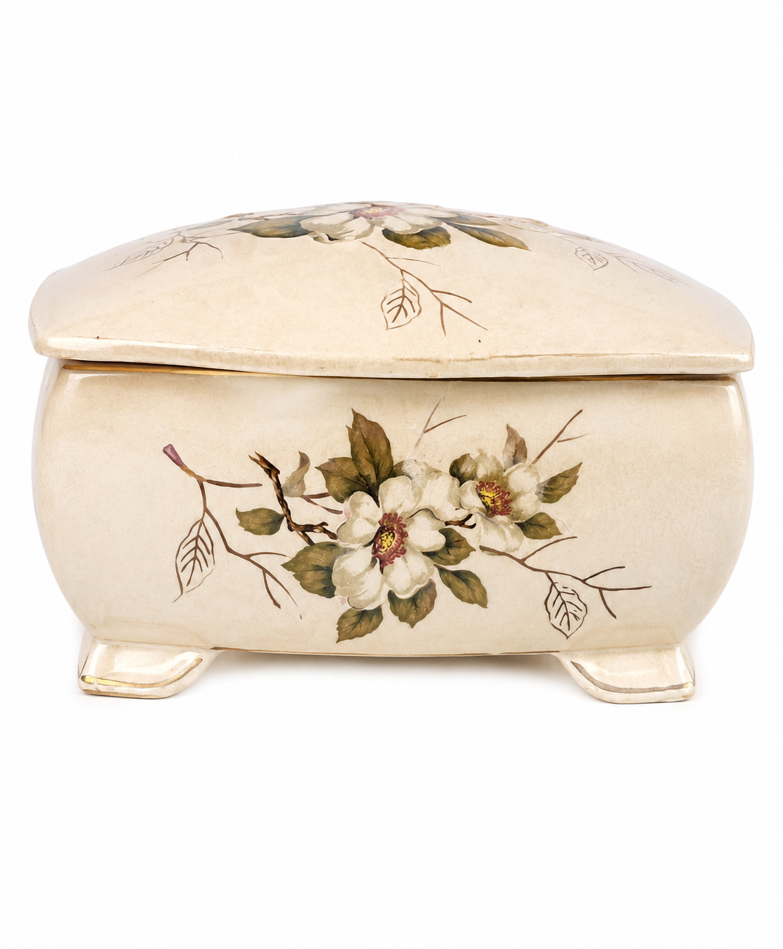 Elegant Cream Ceramic Jewelry Box with Floral Design | Vintage Home Decor Storage Box image 1
