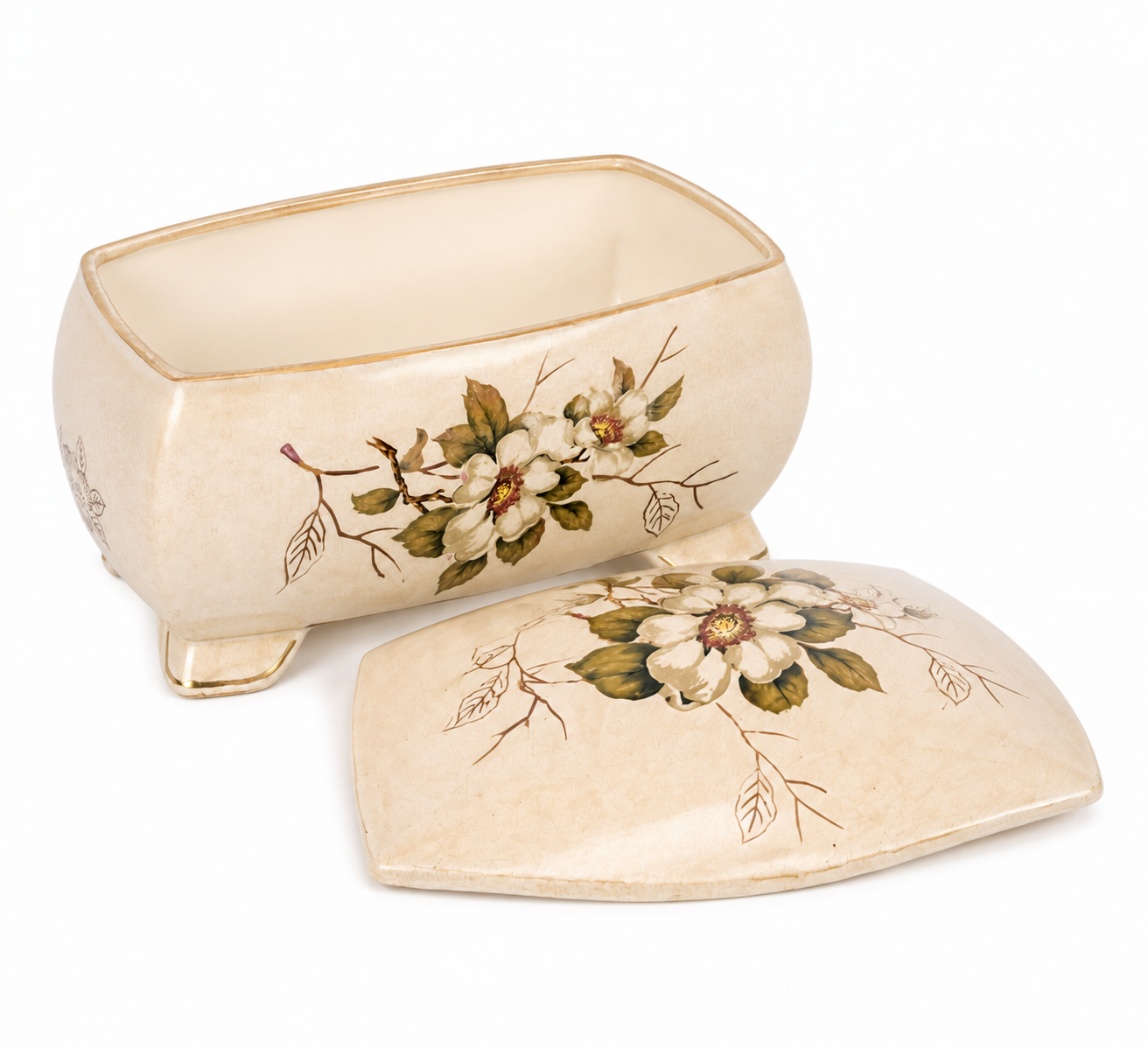 Elegant Cream Ceramic Jewelry Box with Floral Design | Vintage Home Decor Storage Box image 3