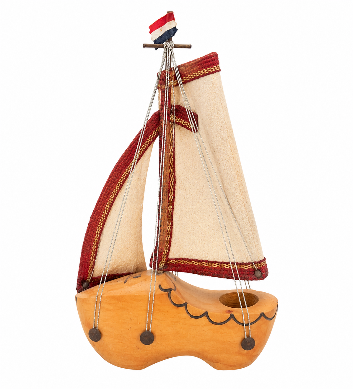 Wooden Sailing Boat Showpiece with Fabric Sails | Vintage Nautical Table Decor image 2