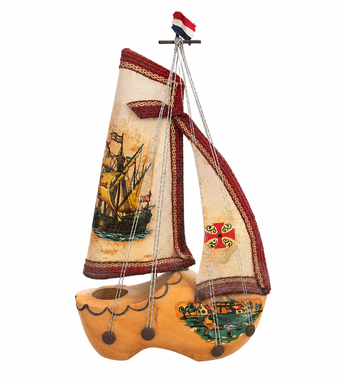 Wooden Sailing Boat Showpiece with Fabric Sails | Vintage Nautical Table Decor image 1