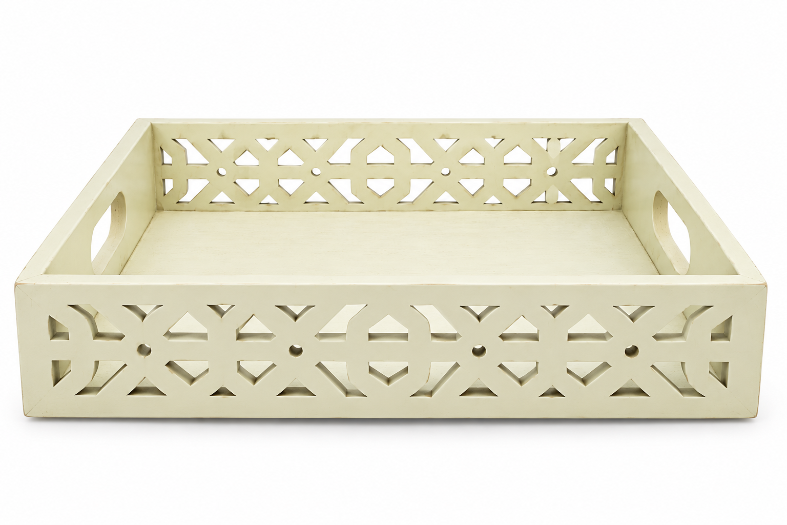 Vintage Cream Decorative Wooden Serving Tray with Geometric Cut-Out Design image 1